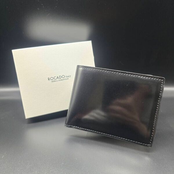 【未使用品】ROCADO社製 ロカド シェルコードバン 二つ折り 財布 ウォレット 馬革 ブラック 黒 匿名発送 送料無料