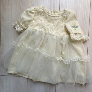 コトリ ミモザ刺繍チュールワンピースドレス 黄色 サイズ80