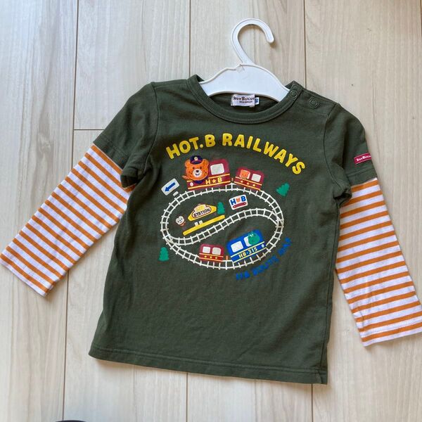 ミキハウス ホットビスケッツ 電車柄 重ね着風長袖Tシャツ 緑 ボーダー サイズ90