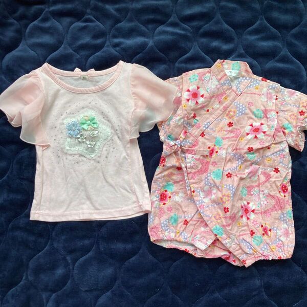 女の子2枚セット 和柄フリル浴衣ロンパース シフォンスリーブフリルTシャツ サイズ80
