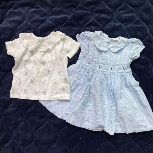 cotoliレース襟半袖tシャツ nextスモッキングシャーリング刺繍ワンピース 女の子2枚セット サイズ70