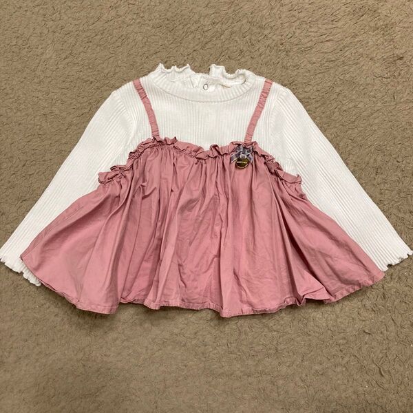 プティマイン 長袖 キャミドッキングTシャツ ピンク フレア メロウ サイズ80