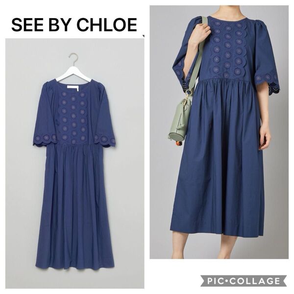 シーバイクロエ SEE BY CHLOE エンブロイダリーワンピース 34 紺色ネイビー レーススカラップ 半袖