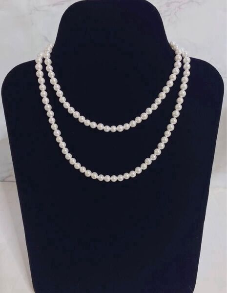 A342【ロング】☆純白ホワイト 約90cm 約6mm 本貝真珠 シェルパールネックレス ロングネックレス
