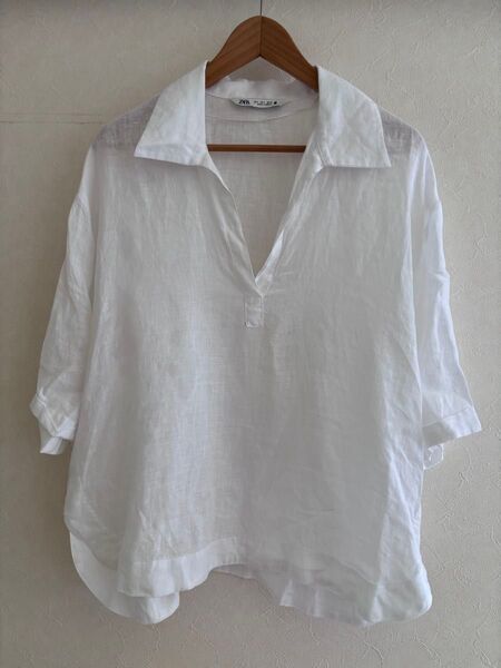 ZARA スキッパーシャツ リネン100 麻シャツ 白シャツ ホワイト系 ブラウス
