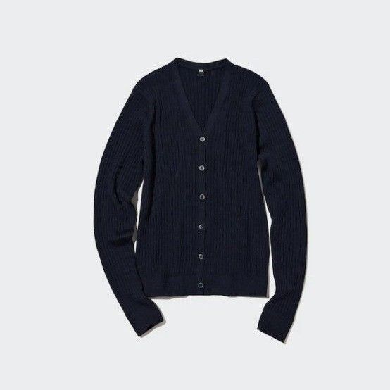 UNIQLO ユニクロ エクストラファインメリノリブショートカーディガン 長袖 Vネック ウール100% 紺 M