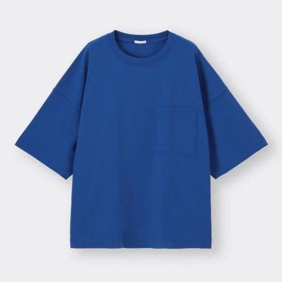 ジーユー GU ワイドフィット五分袖 半袖トップス 半袖Tシャツ Tシャツ クルーネック 綿100% 青 S 男女兼用