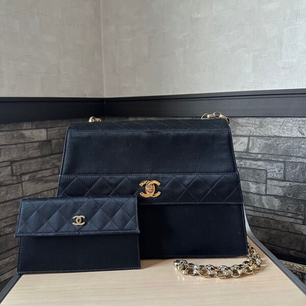 CHANEL サテン チェーンショルダーバッグ ブラック ヴィンテージ 台形