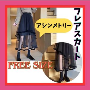 アシンメトリー 個性派 メッシュ スカート モード フレアスカート ブラック フリーサイズ