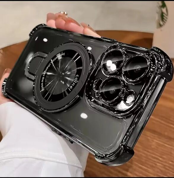 iPhone16 Promax ブラック クリア ケース メッキ加工 磁気吸引 マグセーフ 対応 リングスタンド付 レンズ 黒