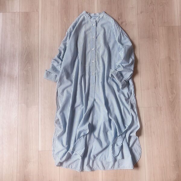 美品*リアムプラージュ R'IAM-PLAGE ブルーストライプ柄 バンドカラー シャツワンピース 前開き ゆったり 日本製
