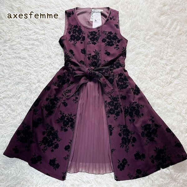 新品 axesfemme アクシーズファム 花柄 フロッキー ノースリーブ ワンピースワイン ボルドー M プリーツ