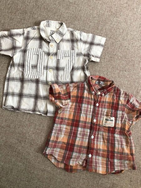 半袖シャツ95㎝《夏物》【男の子】まとめ売り2枚セット☆BLUEU AZUR☆Papp☆柄シャツ☆チェックシャツ☆保育園☆幼稚園