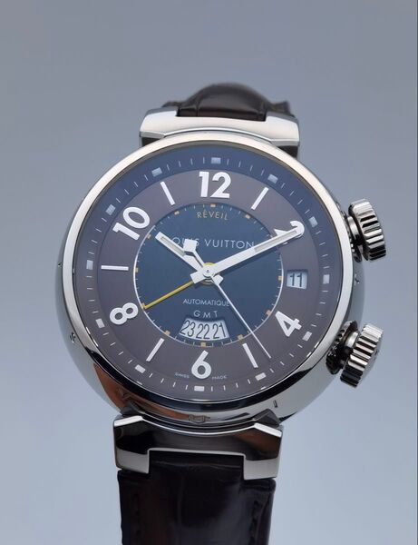 美品 ルイヴィトン タンブール LV レヴェイユ Q1151 デイト GMT アラーム ブラウン文字盤 SS 自動巻き メンズ
