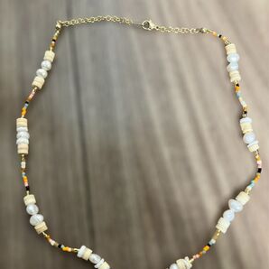 淡水パールとウッドビーズのネックレス シェル カラフル