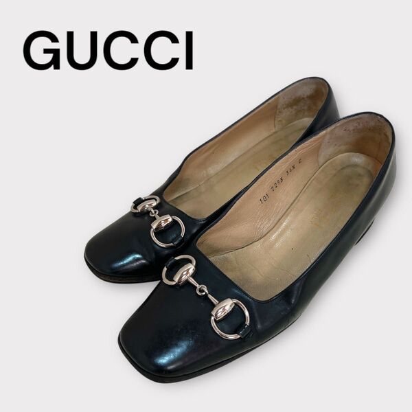 GUCCI グッチ ブラック レザー ホースビット パンプス 36ハーフ 23.5 太ヒール チャンキーヒール