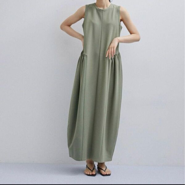 ADAM ET ROPE 美品 アダムエロペ サイドギャザーカットワンピース グリーン カーキ ロングワンピース フレアワンピース