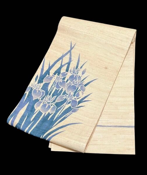 夏帯 麻 袋帯 お太鼓柄 型絵染め 菖蒲 作家落款 イ5580
