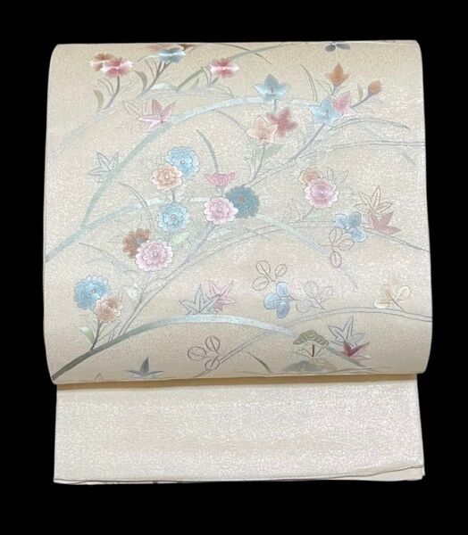 夏帯 紗 日本刺繍 袋帯 お太鼓柄 正絹 花文 銀通し イ5704
