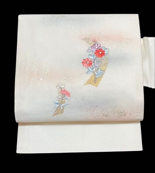 夏帯 紗絽 九寸名古屋帯 正絹 蘇州刺繍 花文 イ5706