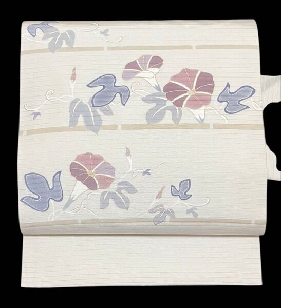 夏帯 絽塩瀬 九寸名古屋帯 正絹 花文 朝顔 イ5709