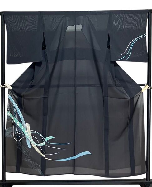 夏着物 絽 付下げ 訪問着 正絹 黒地 熨斗文 美品 イ5604