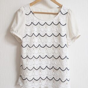 ROPEPICNIC ロペピクニック 半袖レースブラウス シフォンブラウス 38サイズ ホワイト×ネイビー