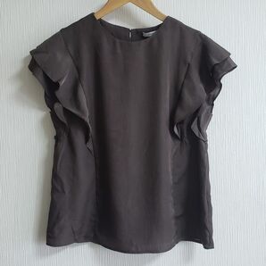 オペークドットクリップ フレンチスリーブ シフォンブラウス 新品未使用 ブラウン