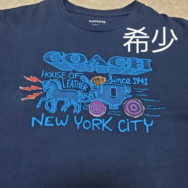 美品 COACH コーチ ホースアンドキャリッジ Tシャツ ネイビー 馬車 犬 半袖 プリント 半袖Tシャツ Cロゴ