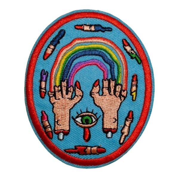 H-39【 アイロンワッペン 】 絵 おえかき 指 手 目 ホラー horror 虹 Rainbow 【 刺繍ワッペン 】