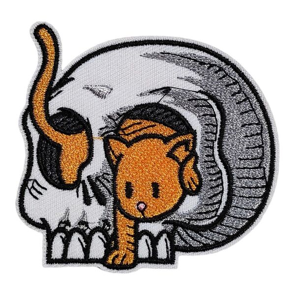 H-43【 アイロンワッペン 】 刺繍ワッペン 猫 ネコ cat キャット SKULL スカル 髑髏 ドクロ 骸骨 ガイコツ