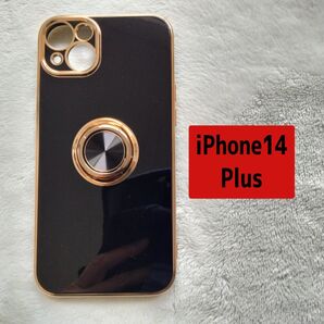 ★iPhone14 Plus★スマホケース ブラック×ゴールド リング付き