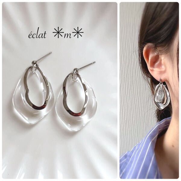 クリアドロップ×silver変形フープ ピアス