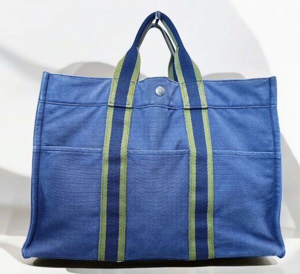 HERMES エルメス フールトゥ MM ネイビー×グリーン トート A4