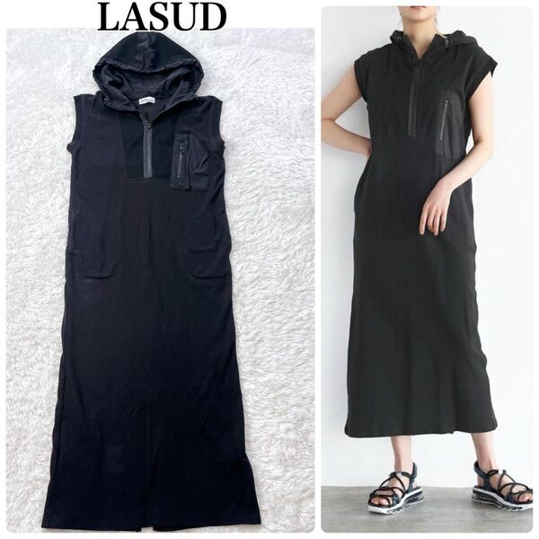 ヤマダヤ ラシュッド LASUD ブラック サーマルミックスワンピース 黒 ノースリーブ