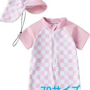【新品】ベビー 水着 ジャンプスーツ&帽子セット ピンク系 70サイズ