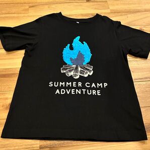 美品!GU SUMMER CAMP ADVENTURE スパンコール 焚き火 Tシャツ 黒 140% 綿100% used