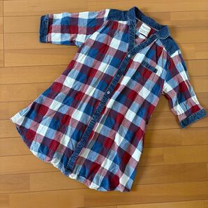 branch et pot インディゴ染め 七分袖シャツ チェック柄 Bネック