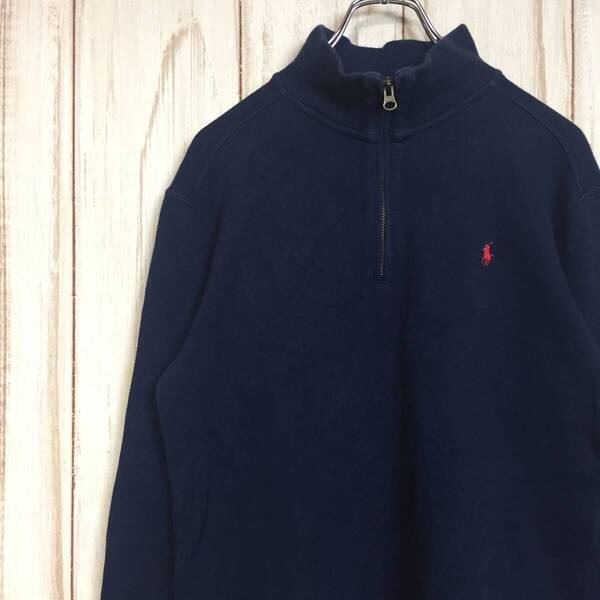 【ポロラルフローレン 長袖ハーフジップコットンニット】ワンポイントロゴ刺繍 セーター 日本製 M相当 ネイビー POLO RALPH LAUREN 古着 [2