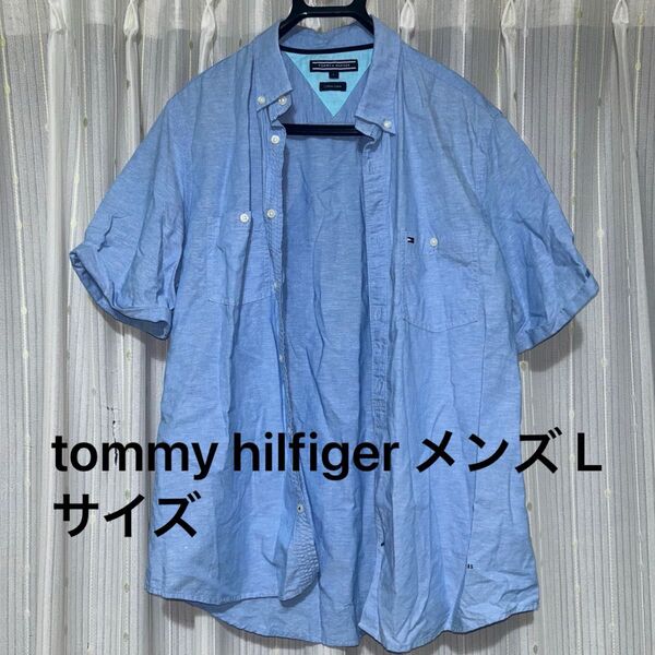 トミーヒルフィガー tommy hilfiger メンズ 半袖シャツ 青 シャツ 古着 Lサイズ デニムシャツ