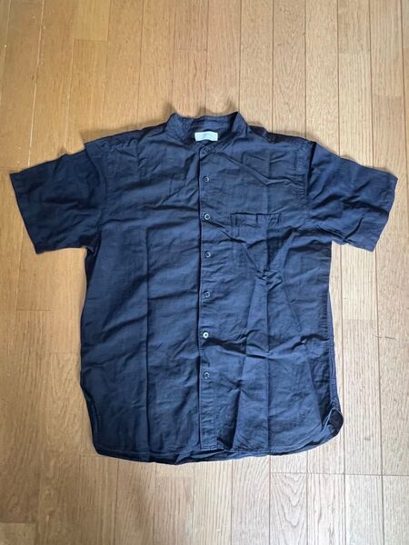 UNIQLO リネンコットンスタンドカラーシャツ(半袖) L ユニクロ men メンズ navy ネイビー