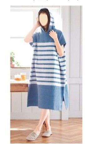 【新品】フード付き パイル地 湯上がりワンピース ブルー バスタオルワンピース
