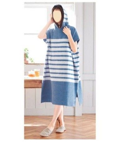 【新品】フード付き パイル地 湯上がりワンピース ブルー バスタオルワンピース