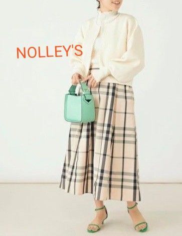 ノーリーズ・NOLLEY'S・ウォッシャブルタフタチェックスカート・オールシーズン・M・ベージュ・ きれいめ・ ロングスカート