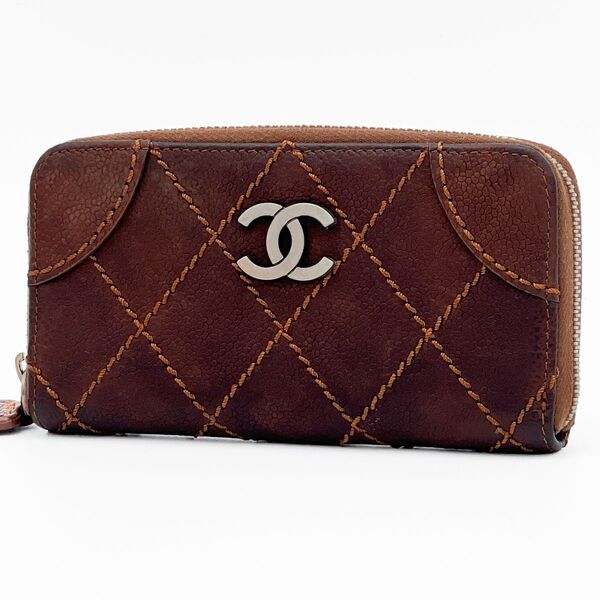 希少 CHANEL シャネル ワイルドステッチ キャビアスキン ラウンド コンパクト 財布 コインケース ブラウン 茶