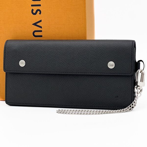 美品 LOUIS VUITTON ルイヴィトン タイガ ポルトフォイユ アコルディオン チェーン付き 長財布 黒 M30992