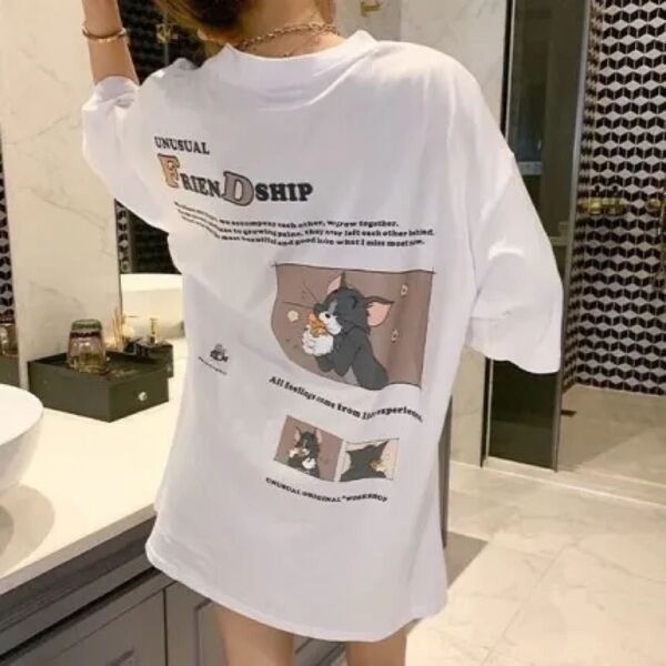 トムとジェリー バックプリント レディース 半袖 Tシャツ ホワイト