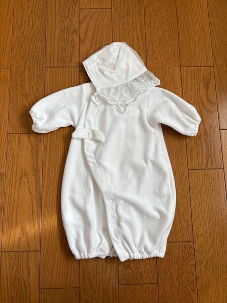 ホワイト アカチャンホンポ 長袖ドレスオール帽子付き 50-60 お宮参り退院着