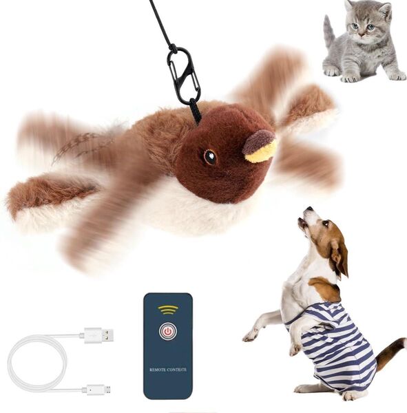 猫おもちゃ 犬 電動 動くぬいぐるみ 羽ばたく 鳥おもちゃ リアルな鳴き声 またたび入り 充電式 リモコン付き 面白い