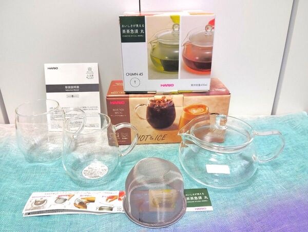 【新品 HARIO】クリアガラス製のラウンドマグ2個 ホット可+茶々急須丸 茶こし付セット外箱と説明書付